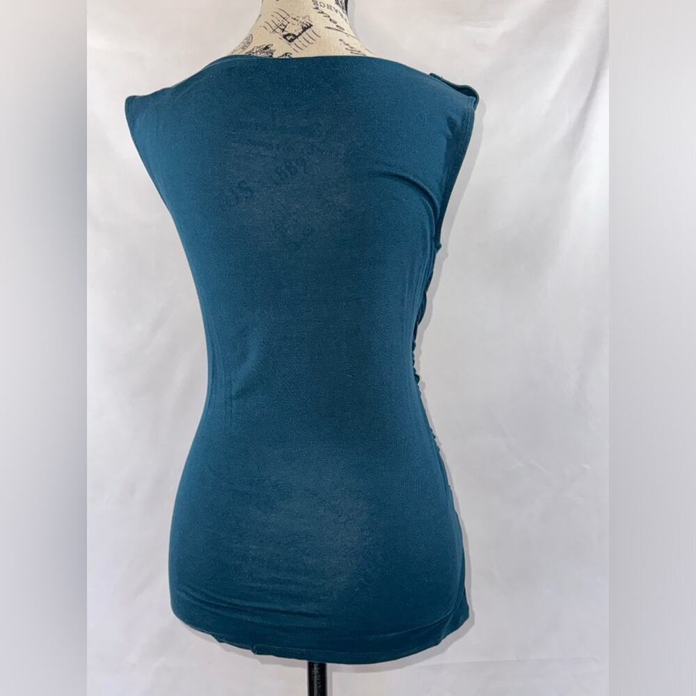 Ann Taylor: Flattering Teal Gathered/Draped Sleeveless Blouse - Picture 3 of 8